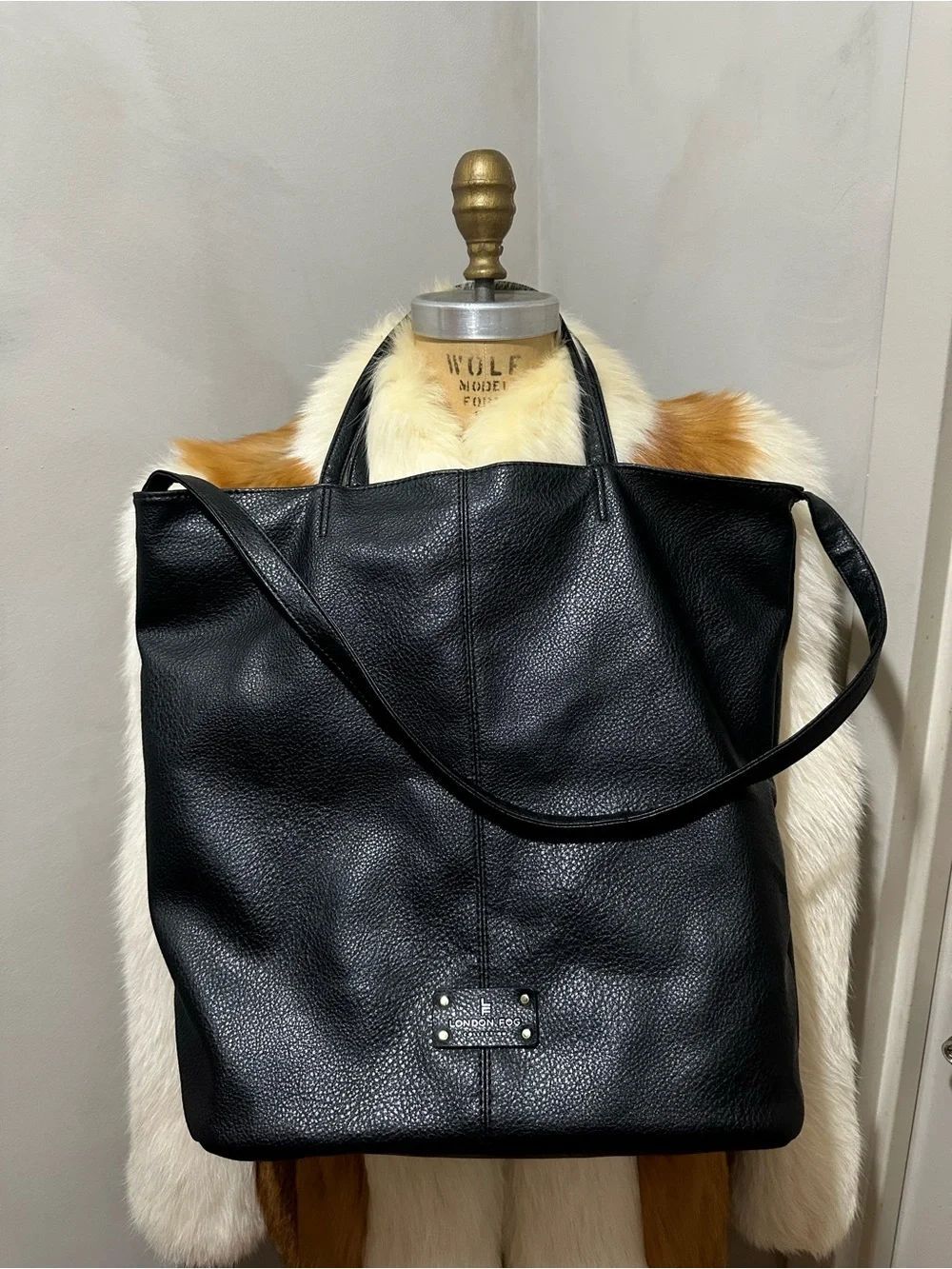 London Fog Black Pebbled Leather Tote Shoulder Bag